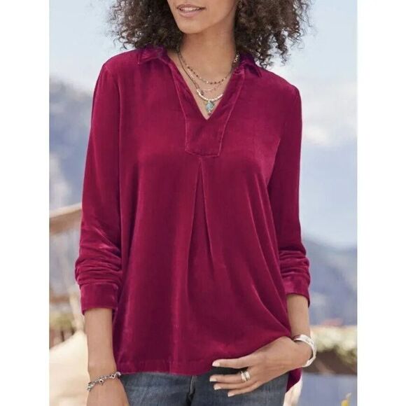 SUNDANCE Silk Blend Velvet Nuance Collared Pullover Shirt Raspberry Red Size L - Picture 1 of 7